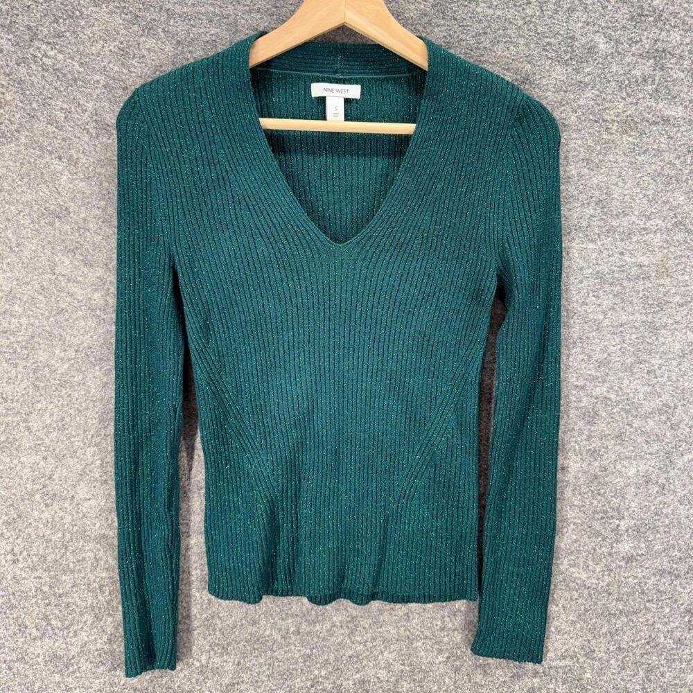 Nine West Sweater Pullover Women S Small Blue Knit V-Neck Long Sleeve Metallic